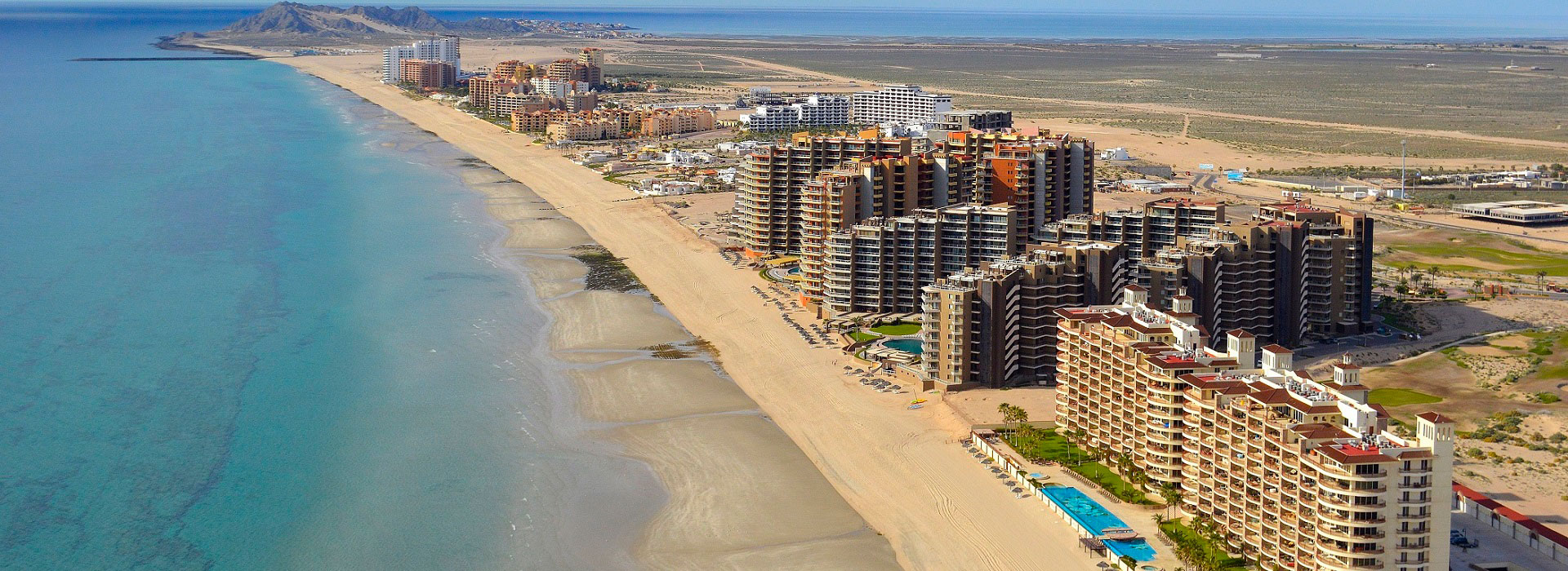 Aerial view of the beach and resorts in Rocky Point, MX